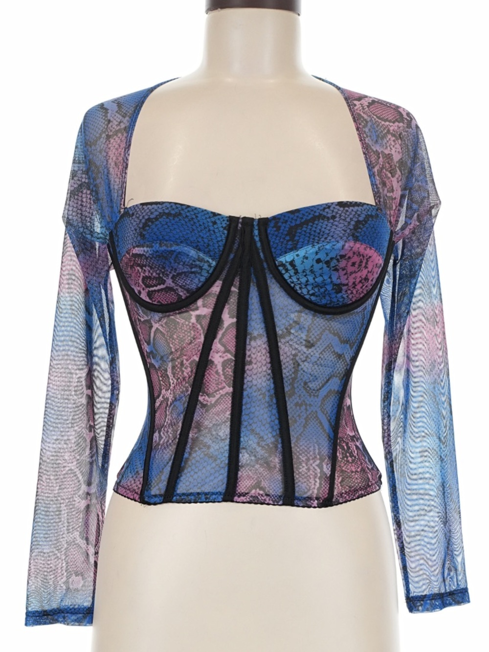 NWT Blue Pink Snake Print Mesh Corset Top Size M